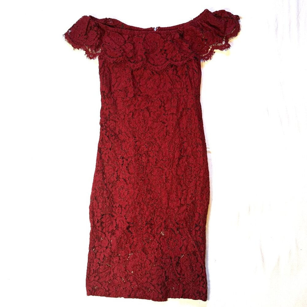 Forever 21 Contemporary Deep Red Lace Fitted Off the Shoulder Midi‎ Dress Large?